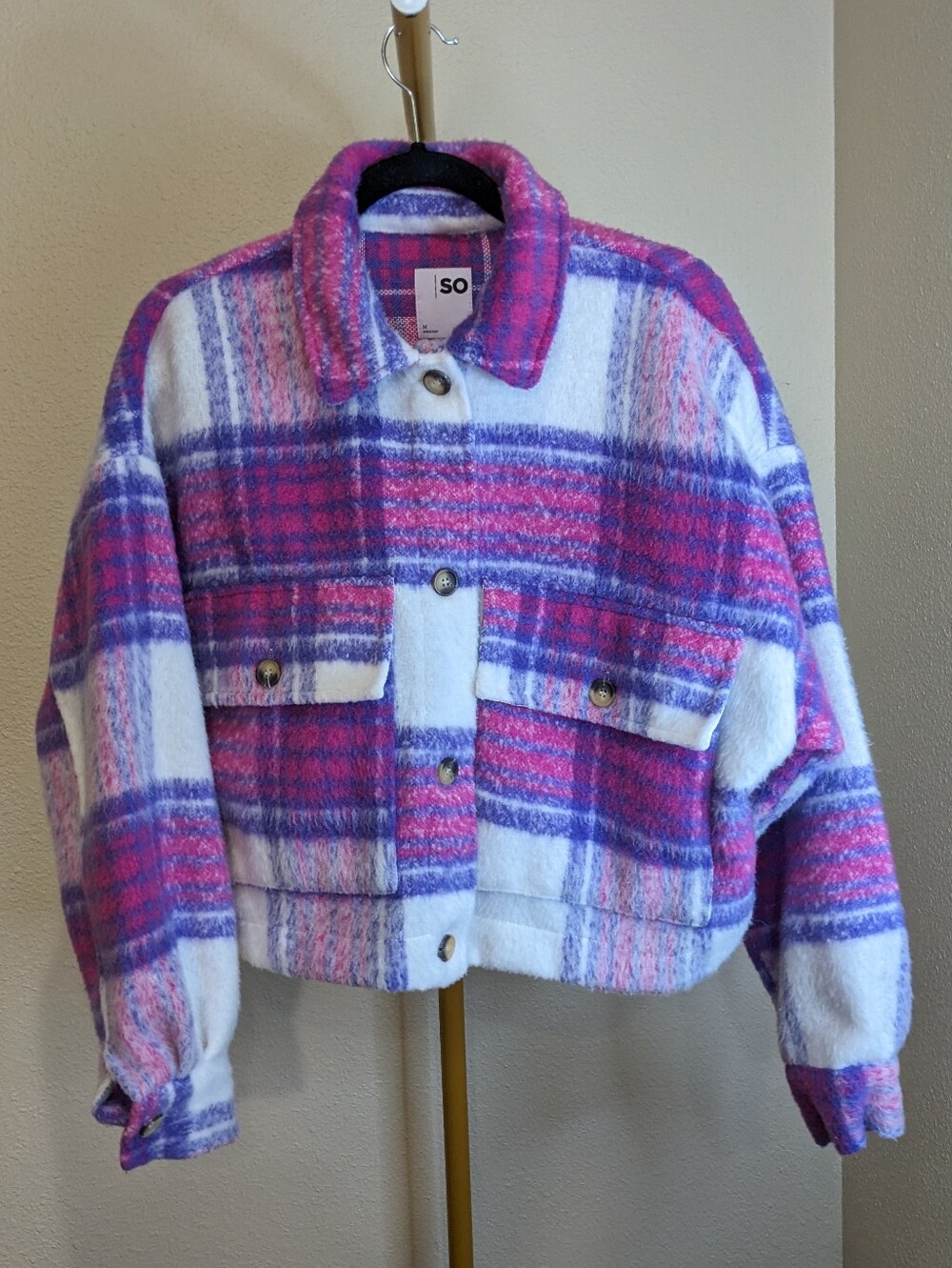Magenta Fuchsia Plaid Cropped Teddy Trucker Boxy Jacket
